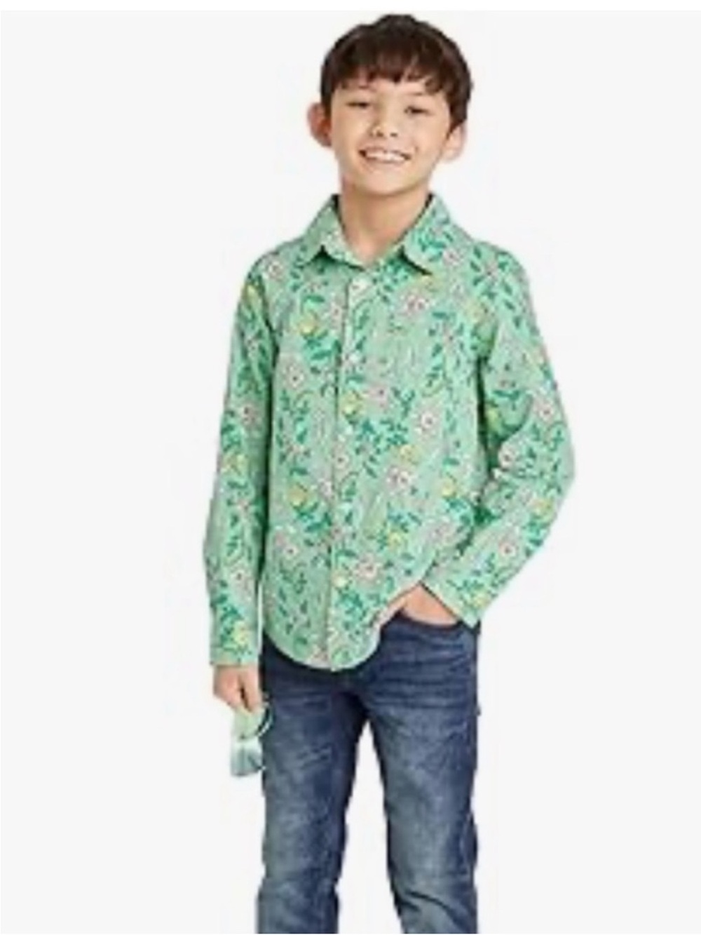 Cat & Jack Boys Green Floral Button-Down Shirt Medium (8)